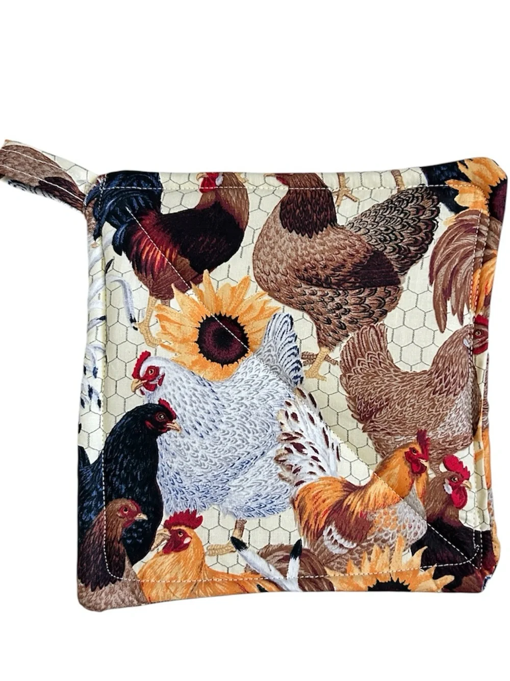 Hand Crafted Farmhouse Rooster & Sunflower Potholder Set Fabric Hot Mat Trivet